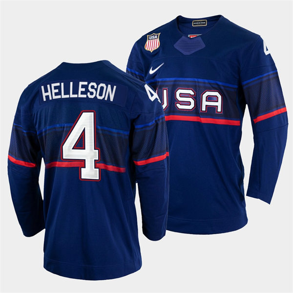 Men's USA Hockey #4 Drew Helleson 2022 Winter Olympics Blue Jersey