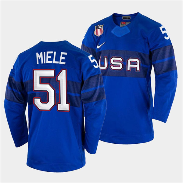 Men's USA Hockey #51 Andy Miele 2022 Winter Olympics Royal Jersey
