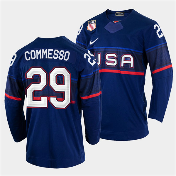 Men's USA Hockey #29 Drew Commesso Nike Navy 2022 Winter Olympics Jersey