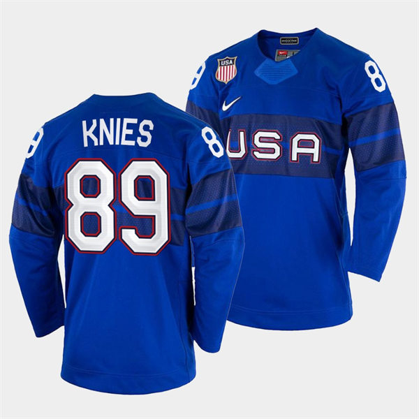 Men's USA Hockey #89 Matthew Knies 2022 Winter Olympics Royal Jersey