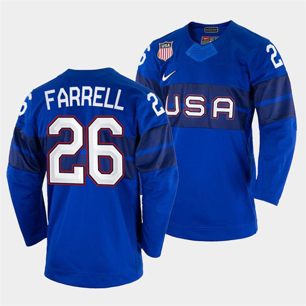 Men's USA Hockey #26 Sean Farrell 2022 Winter Olympics Royal Jersey