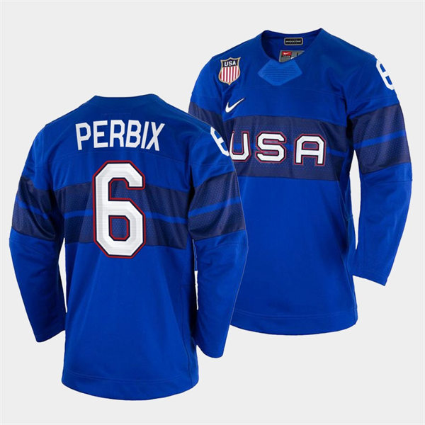 Men's USA Hockey #6 Nick Perbix 2022 Winter Olympics Royal Jersey