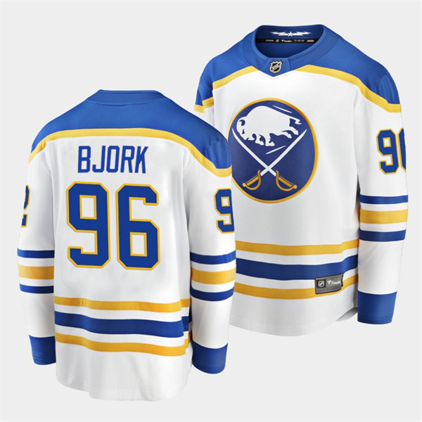 Mens Buffalo Sabres #96 Anders Bjork Adidas White Royal Away Premier Player Jersey
