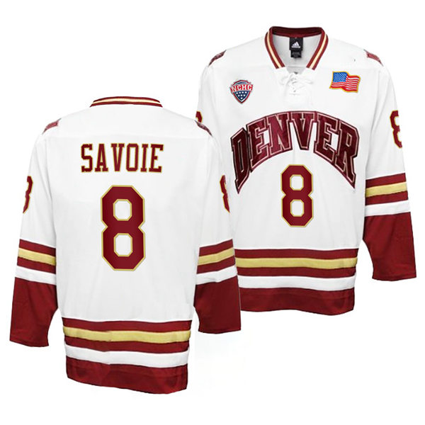 Mens Denver Pioneers #8 Carter Savoie White College Hockey Game Jersey
