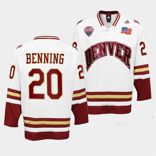 Mens Denver Pioneers #20 Mike Benning White College Hockey Game Jersey