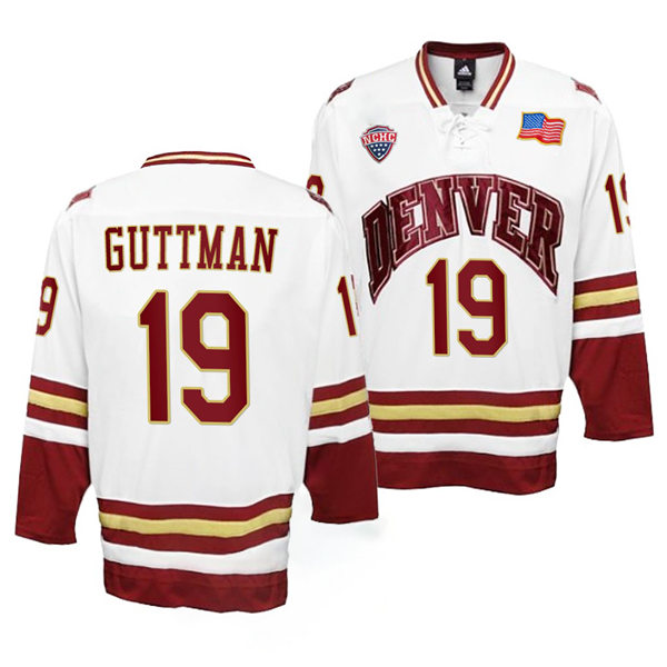 Mens Denver Pioneers #19 Cole Guttman White College Hockey Game Jersey
