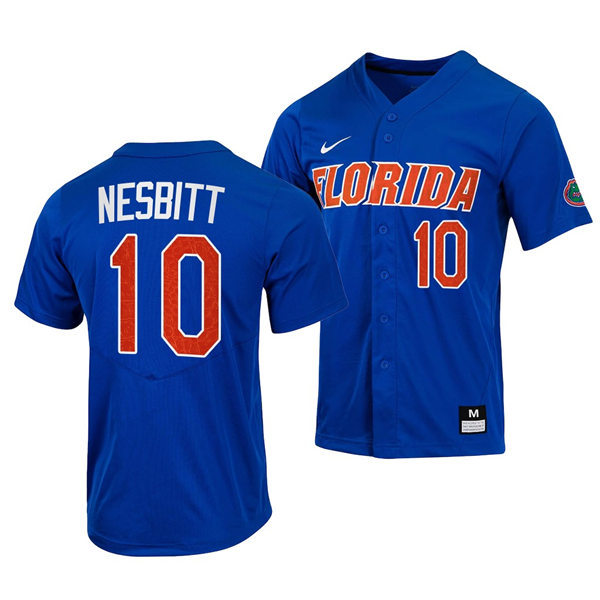 Mens Youth Florida Gators #10 Tyler Nesbitt Nike 2022 Royal With Name Florida College Baseball Jersey