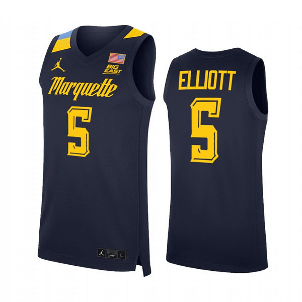 Mens Youth Marquette Golden Eagles #5 Greg Elliott 2022 Navy College Basketball Game Jersey