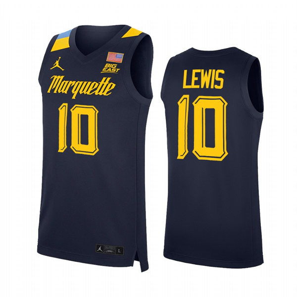 Mens Youth Marquette Golden Eagles #10 Justin Lewis 2022 Navy College Basketball Game Jersey