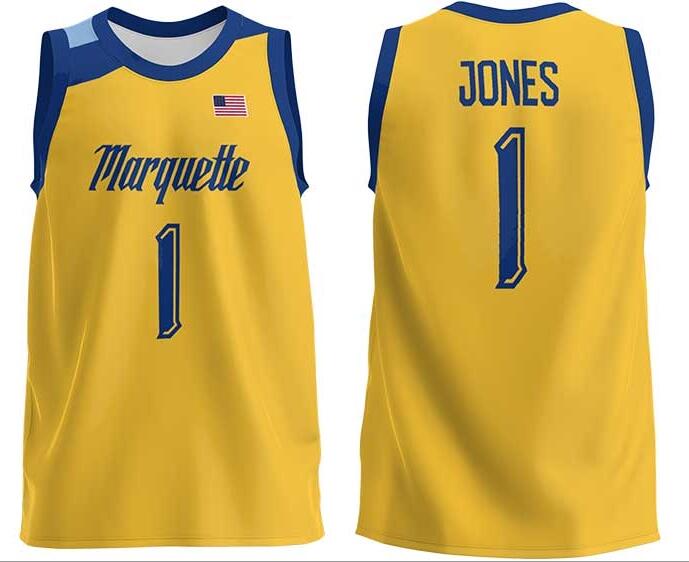 Mens Youth Marquette Golden Eagles #1 Kam Jones 2022 Gold College Basketball Game Jersey