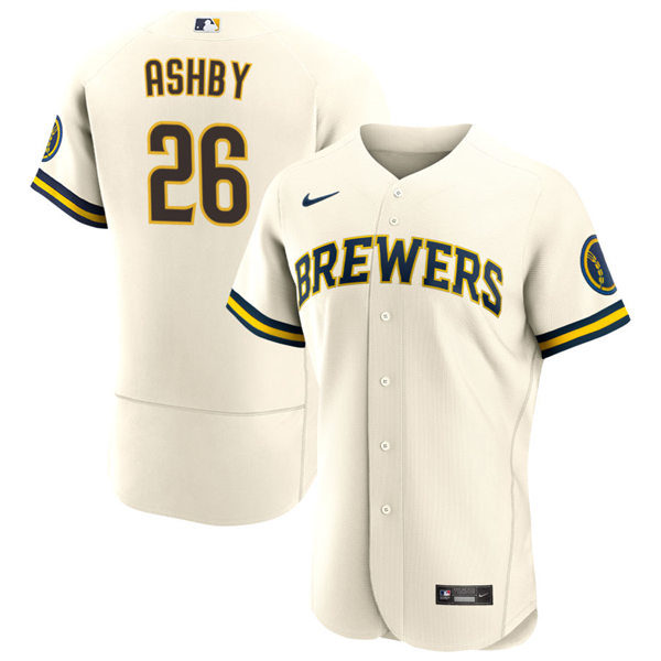 Mens Milwaukee Brewers #26 Aaron Ashby Cream Home FlexBase Player Jersey