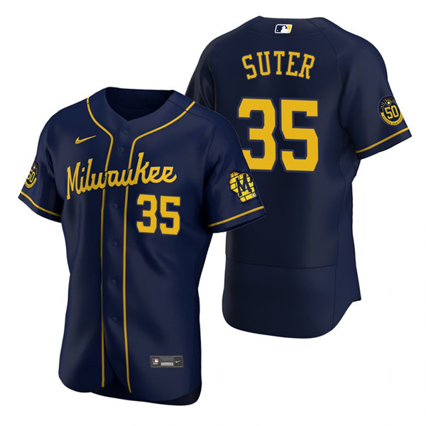 Mens Milwaukee Brewers #35 Brent Suter Navy Alternate FlexBase Player Jersey