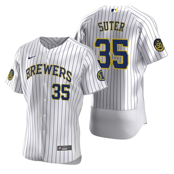 Mens Milwaukee Brewers #35 Brent Suter White Pinstripe Alternate FlexBase Player Jersey