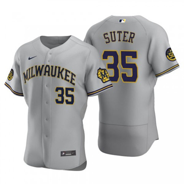 Mens Milwaukee Brewers #35 Brent Suter Gray Road FlexBase Player Jersey