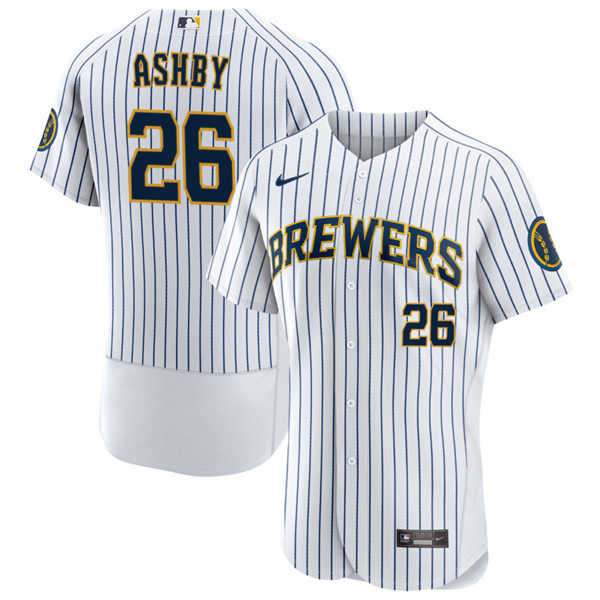 Mens Milwaukee Brewers #26 Aaron Ashby White Pinstripe Alternate FlexBase Player Jersey