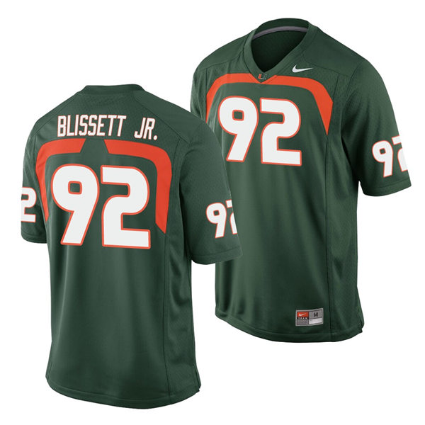 Mens Miami Hurricanes #92 Jason Blissett Jr Nike Green College Throwback Football Jersey