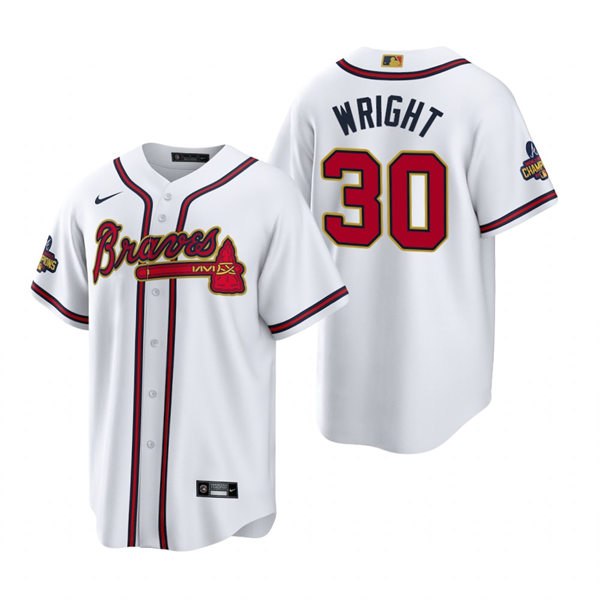 Mens Atlanta Braves #30 Kyle Wright White 2022 Gold Program World Championship Jersey