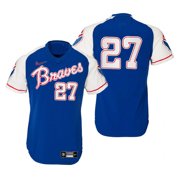 Mens Atlanta Braves #27 Austin Riley Nike Royal Pullover Cooperstown Retro Jersey