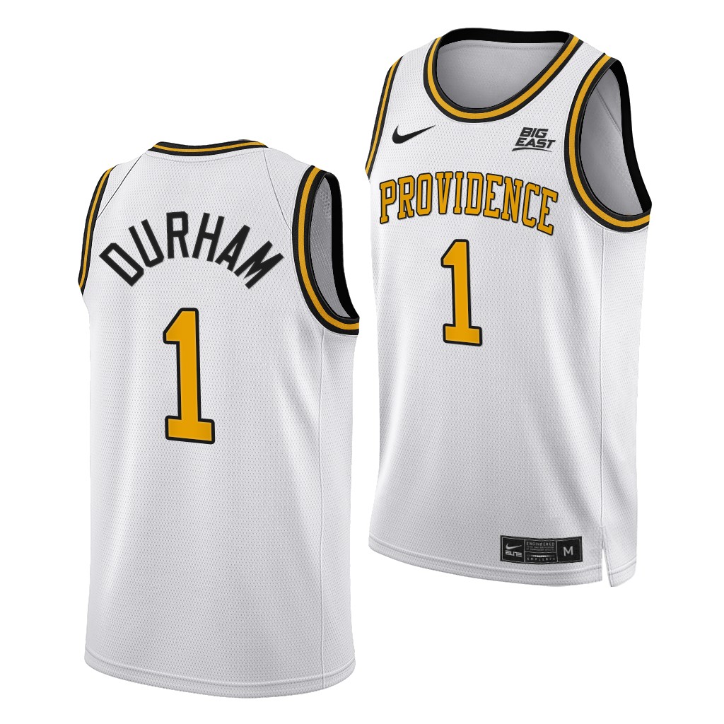 Mens Youth Providence Friars #1 Al Durham White Gold 2021 Retro College Basketball Jersey