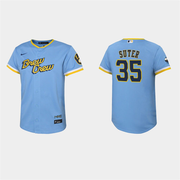 Youth Milwaukee Brewers #35 Brent Suter Powder Blue 2022 Stitched City Connect Jersey