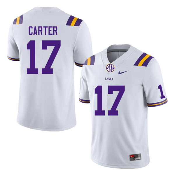 Mens Youth LSU Tigers #17 Zavier Carter College Football Game Jersey White