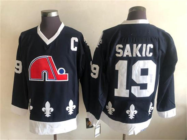Men's Quebec Nordiques #19 Joe Sakic Navy Blue CCM Vintage Throwback Jersey