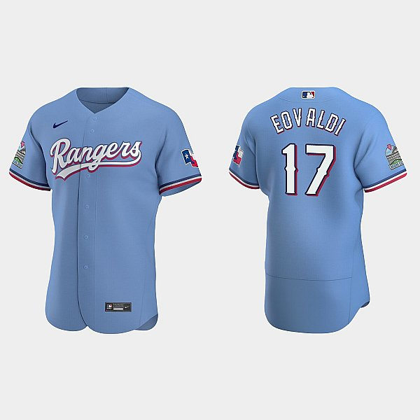 Mens Texas Rangers #17 Nathan Eovaldi Nike Light Blue Alternate Authentic Jersey