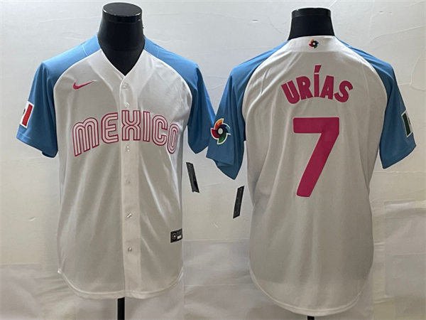 Mens Youth Mexico #7 Julio Urias 2023 World Baseball Classic Jersey - White Pink