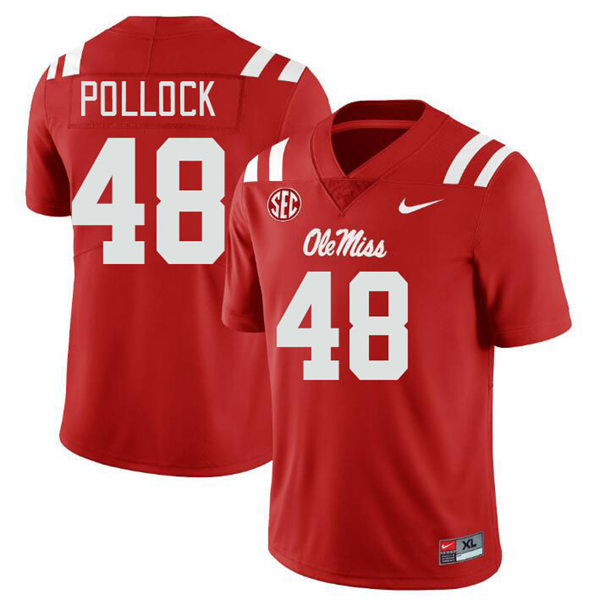 Mens Youth Ole Miss Rebels #48 Charlie Pollock 2023 Red College Football Game Jersey