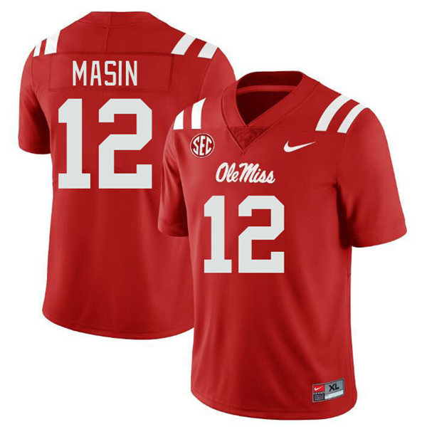 Mens Youth Ole Miss Rebels #12 Fraser Masin 2023 Red College Football Game Jersey