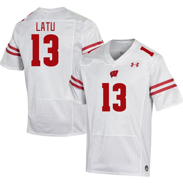 Mens Youth Wisconsin Badgers #13 Kamo'i Latu 2023 White College Football Game Jersey(1)