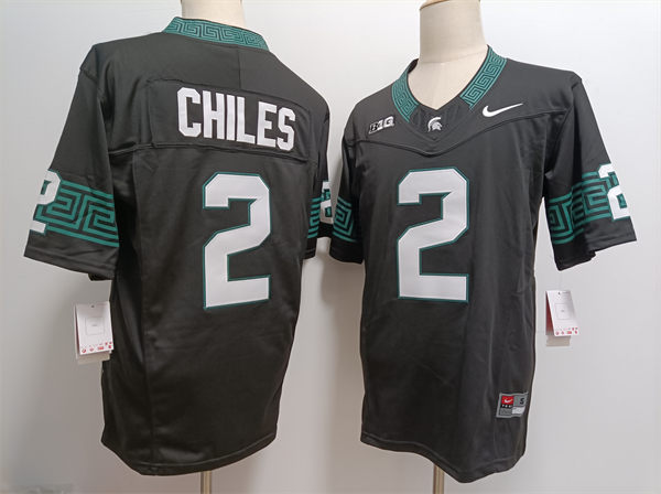 Mens Michigan State Spartans #2 Aidan Chiles 2024 Black Alternate Football Game Jersey