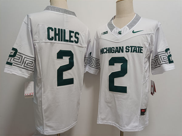 Mens Michigan State Spartans #2 Aidan Chiles 2024 White Alternate Football Game Jersey