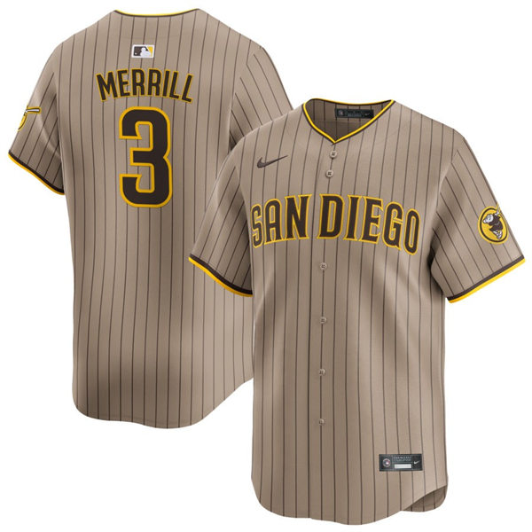 Mens San Diego Padres #3 Jackson Merrill Nike Alternate Khaki Limited Jersey