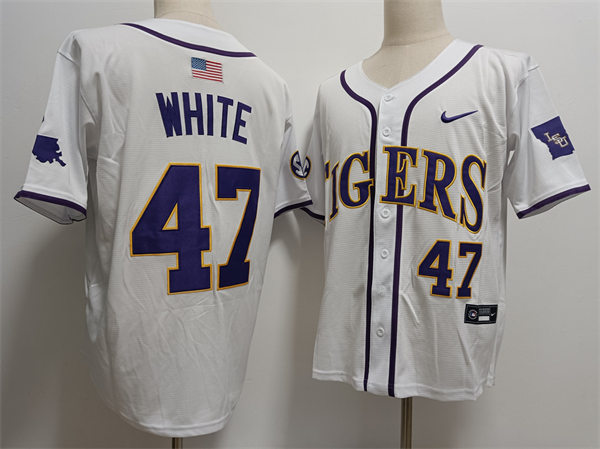 Mens LSU Tigers #47 Tommy White 2024 White Baseball Game Jersey