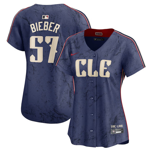 Womens Cleveland Guardians #57 Shane Bieber Navy Nike 2024 City Connect Limited Jersey