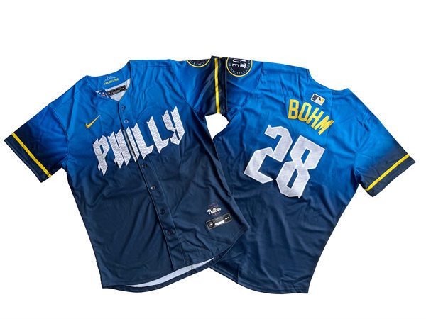 Mens Philadelphia Phillies #28 Alec Bohm Nike Blue 2024 City Connect Limited Player Jersey