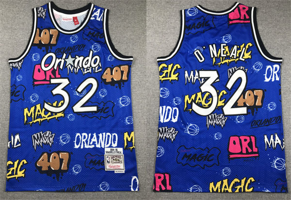 Mens Orlando Magic #32 Shaquille O'neal 1994-95 Mitchell&Ness Graffiti Jersey Blue