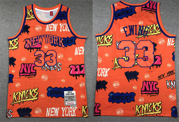 Mens New York Knicks #33 Patrick Ewing 1991-92 Mitchell&Ness Graffiti Jersey Red