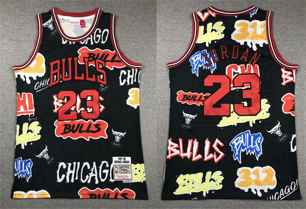 Men's Chicago Bulls #23 Michael Jordan 1997-98 Mitchell&Ness Graffiti Jersey Black
