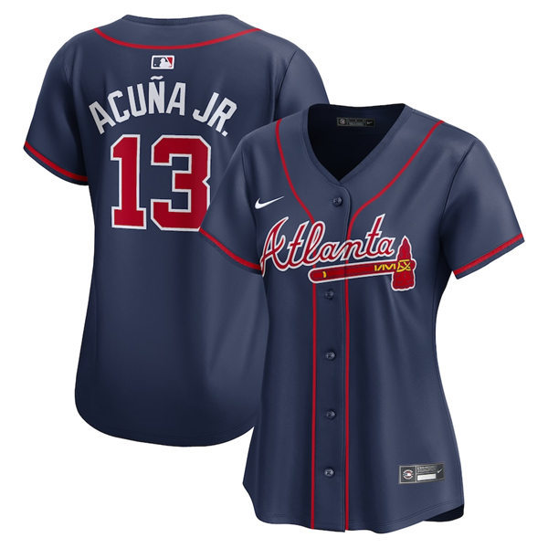 Womens Atlanta Braves #13 Ronald Acuna Jr. Nike 2024 Navy Red Alternate Limited Player Jersey
