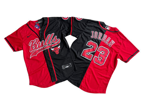 Men's Chicago Bulls #23 Michael Jordan Red Black Split Limited Baseball Jerse