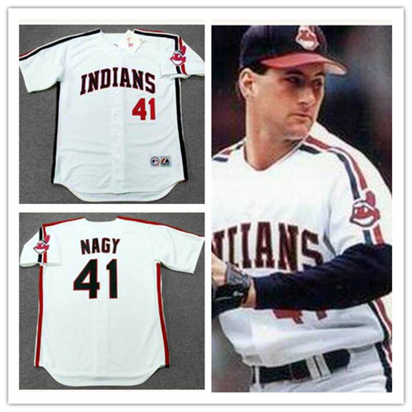 Mens Cleveland Indians #41 CHARLES NAGY 1992 Majestic Throwback Home Baseball Jersey White