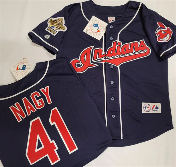 Mens Cleveland Indians #41 CHARLES NAGY 1995 World Series Baseball Jersey Navy 