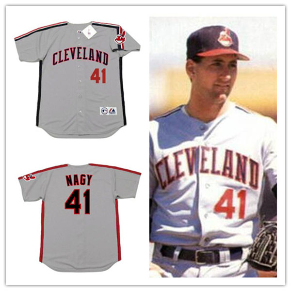 Mens Cleveland Indians #41 CHARLES NAGY 1992 Majestic Throwback Away Baseball Jersey Gray