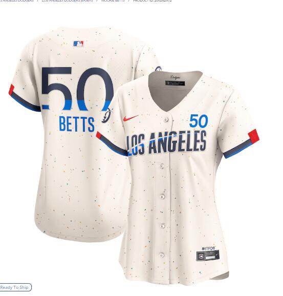 Womens Los Angeles Dodgers #50 Mookie Betts 2024 City Connect Limited Player Jersey - Cream (8)