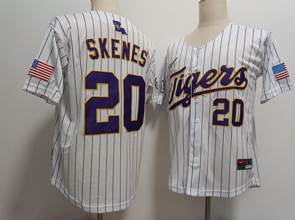 Mens LSU Tigers #20 Paul Skenes Nike White Pinstripe 2023 College Baseball Jersey