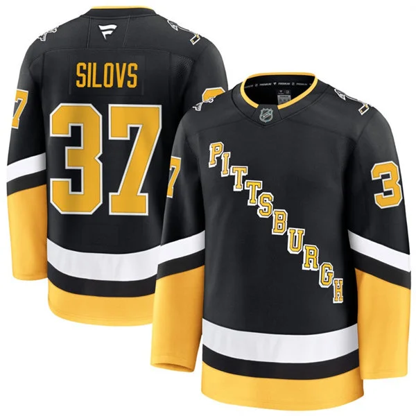 Mens Pittsburgh Penguins #37 Arturs Silovs Fanatics Black Alternate Throwback Jersey