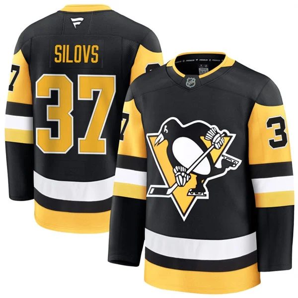 Mens Pittsburgh Penguins #37 Arturs Silovs Fanatics Home Black Premium Player Jersey