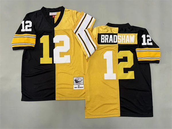 Mens Pittsburgh Steelers #12 Terry Bradshaw Black Gold Split Two Tone Throwback Jersey